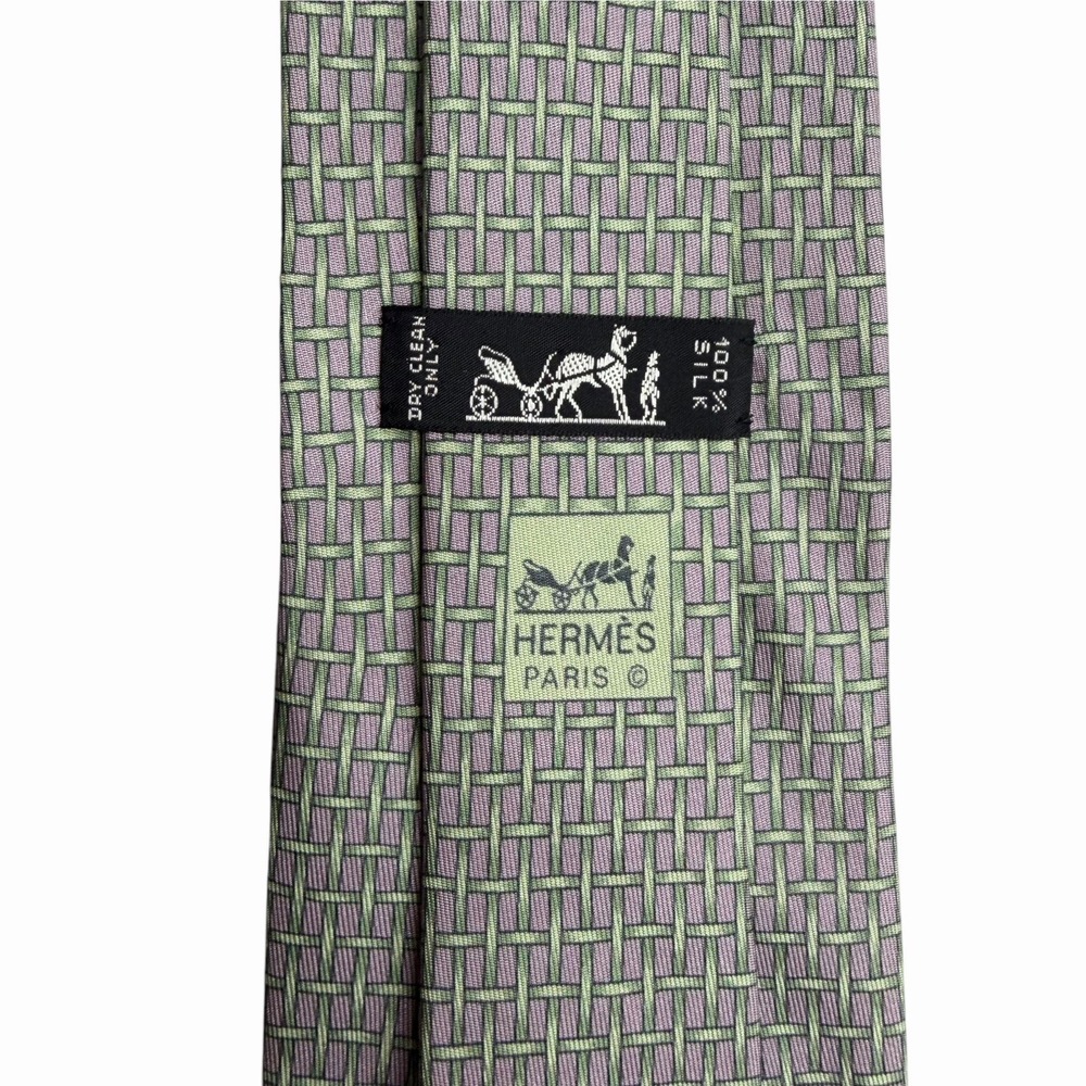 Hermes Mens Tie Basketweave Print Purple/Green Silk 88 HA 3.75" (W) x 63.25" (L) - Picture 1 of 5